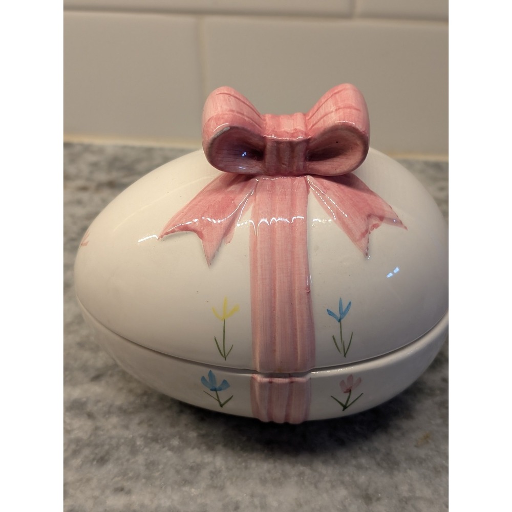 Vintage Ceramic Egg Trinket Box Pink Bow Floral Covered Dish Easter Decor